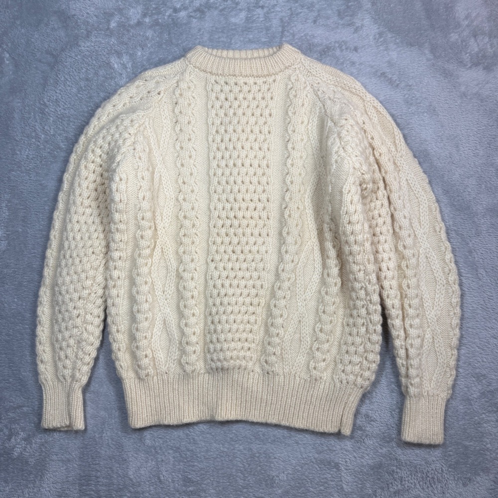 Vintage Donegal Handcrafts Fisherman Sweater Mens 40 Cream Wool Aran Knit 80s